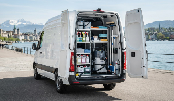 ElevateClean Servicefahrzeug mit Reinigungsausrüstung am Zürichsee